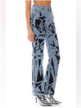AKIRA Light Blue Abstract High Waist Straight Print Boot Cut Pants 28 9 Black